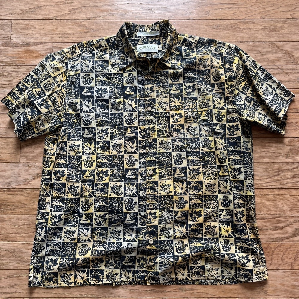 Orvis Shirt Mens Large‎ Back Camp Outdoor Button Up Hawaiian Tiki Beach Island